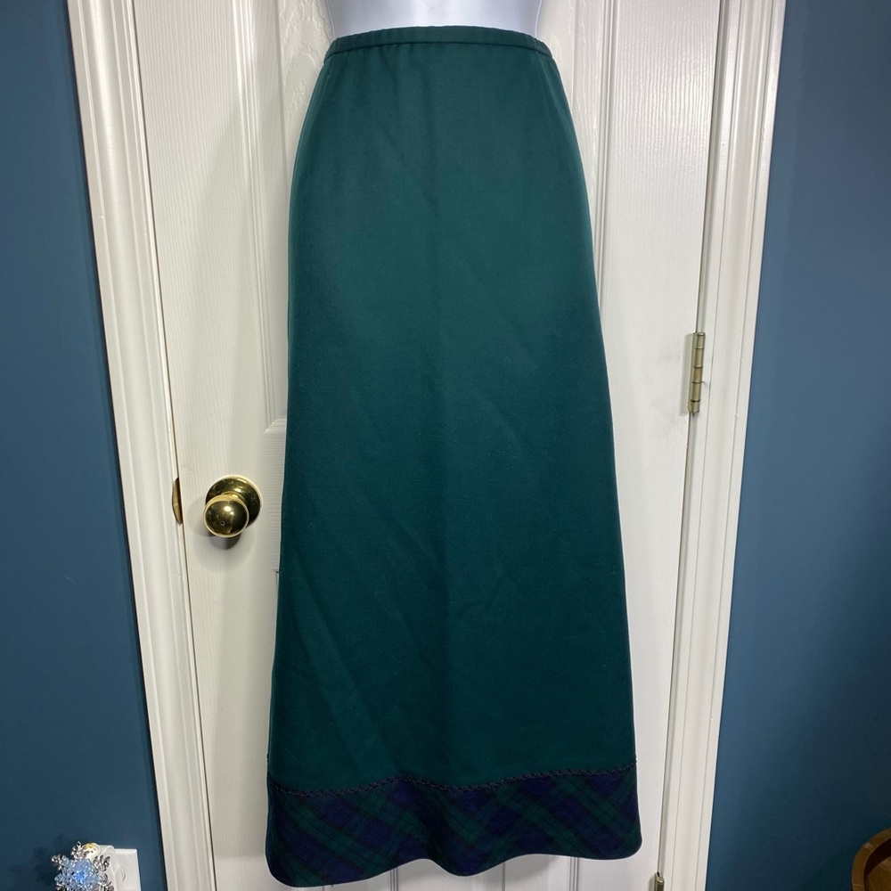 Pendleton Virgin Wool Long Pencil Skirt Forest Green Plaid Trim